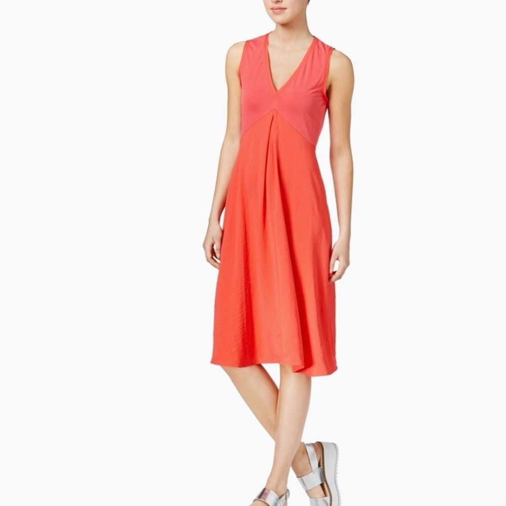 Rachel Roy A-Line Midi Dress Coral Pink Sleeveless Mixed Media Sz M